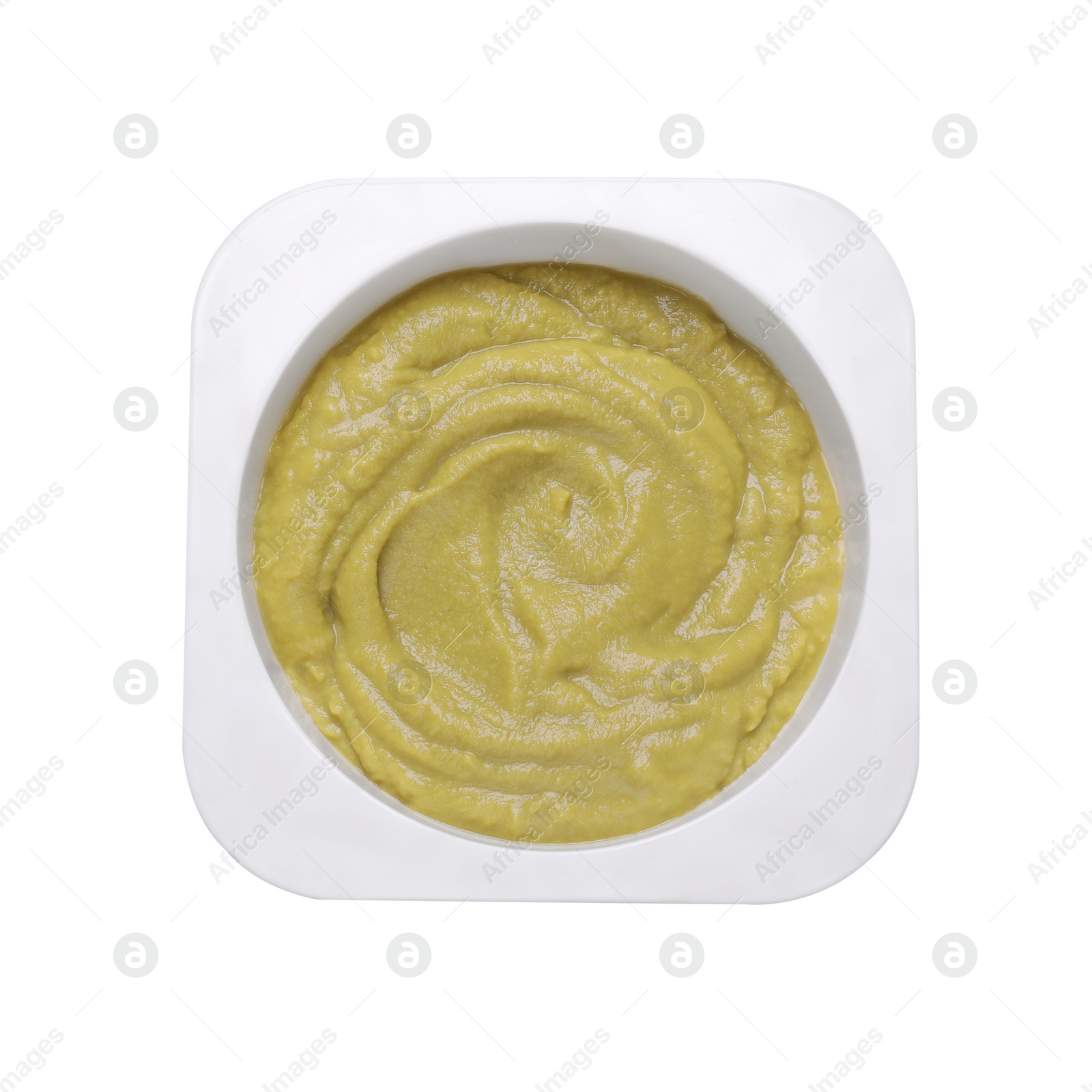 Photo of Container with healthy baby food isolated on white, top view