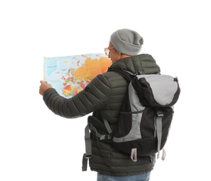 Photo of Man with map and backpack on white background. Winter travel