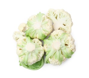 Photo of Cut and whole cauliflowers on white background, top view