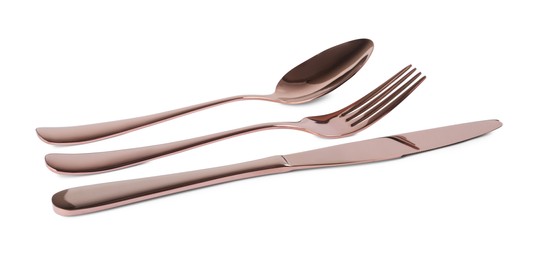 Photo of New shiny fork, spoon and knife on white background