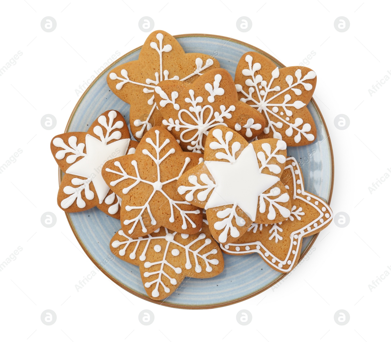 Photo of Tasty star shaped Christmas cookies with icing isolated on white, top view