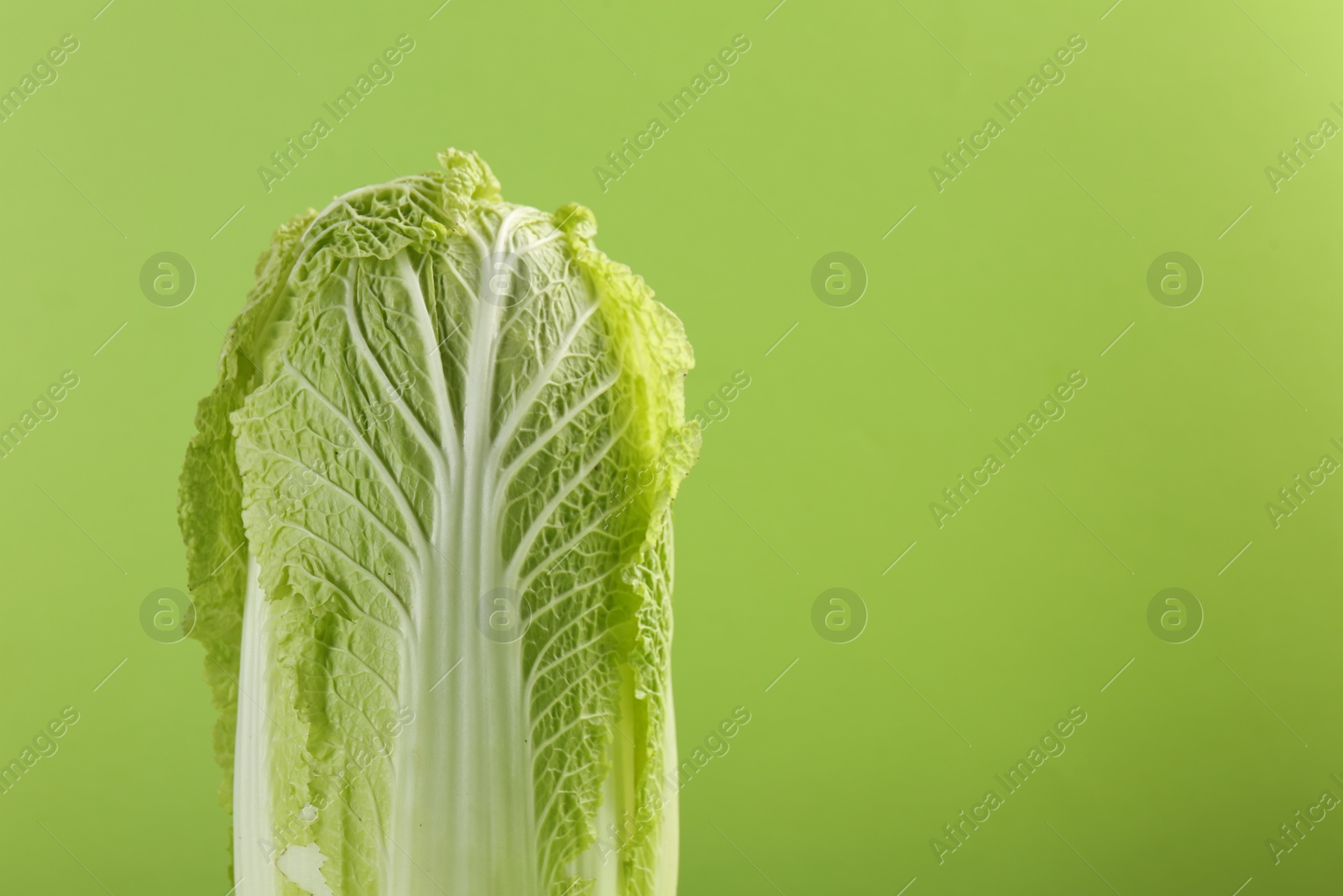 Photo of Fresh ripe Chinese cabbage on light green background, closeup. Space for text