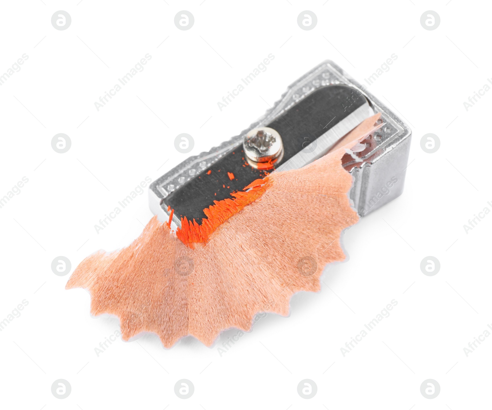 Photo of Metal sharpener with pencil shavings on white background