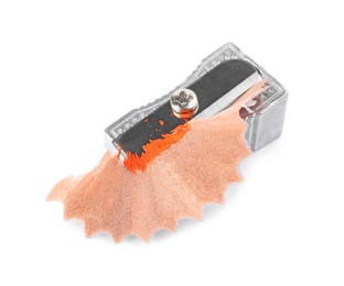 Photo of Metal sharpener with pencil shavings on white background