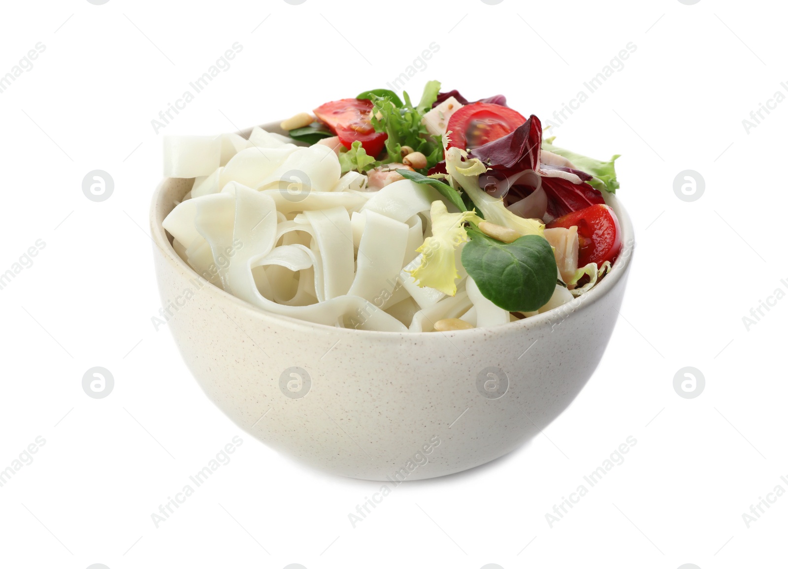 Photo of Tasty cooked rice noodles with vegetables isolated on white