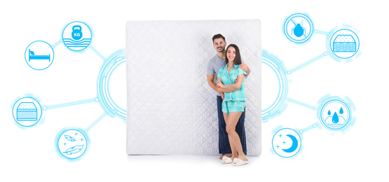 Young couple with comfortable mattress isolated on white, banner design 