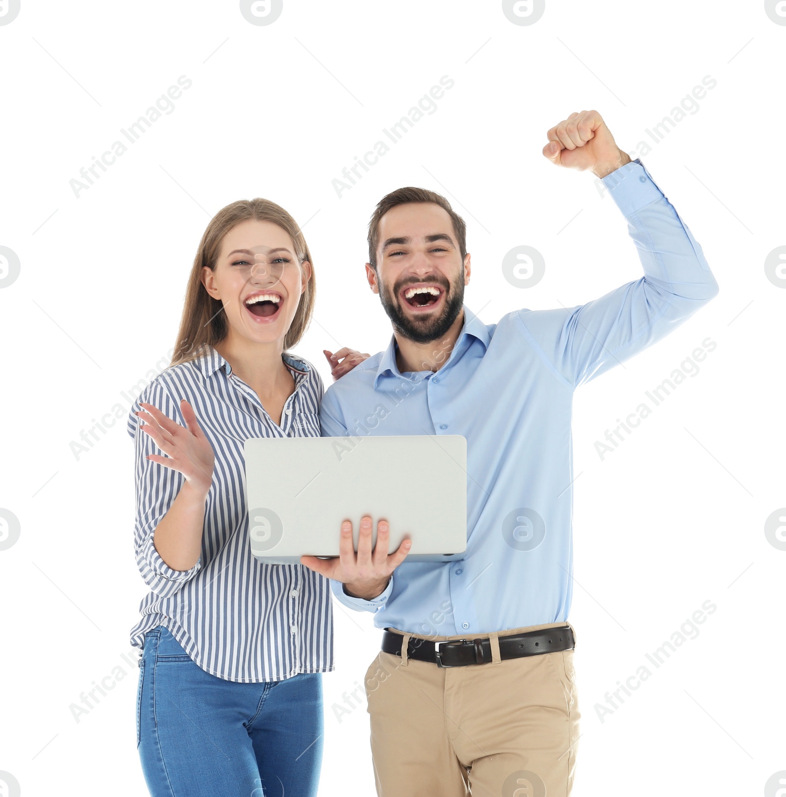 Photo of Emotional young people with laptop celebrating victory on white background