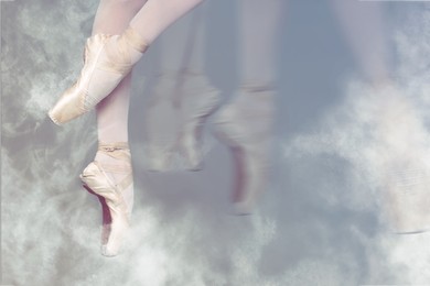 Perfection in ballet. Woman dancing in pointe shoes on grey background, closeup. Motion effect with smoke