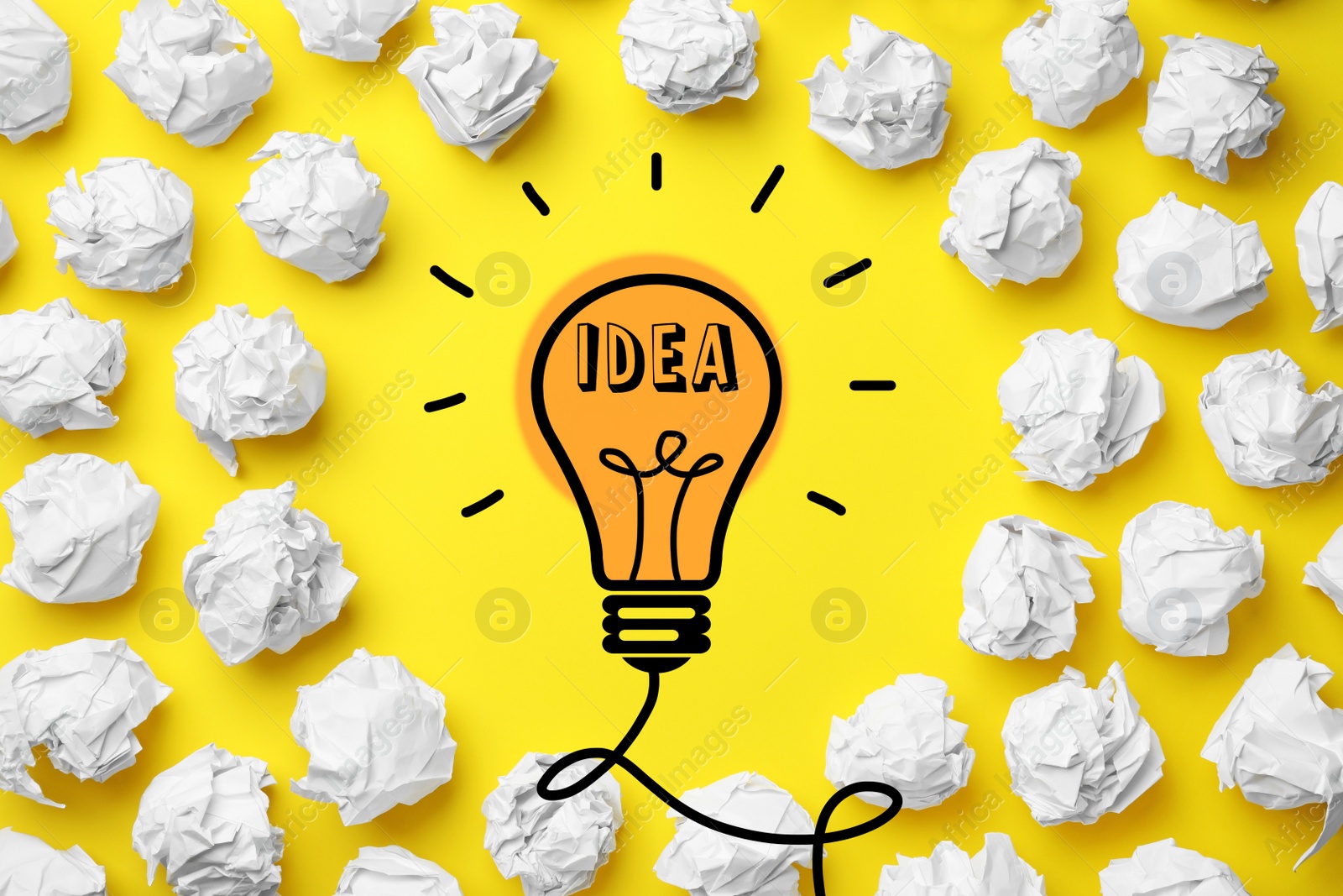 Image of Idea concept. Composition with crumpled paper balls and drawing of lamp bulb on yellow background, flat lay