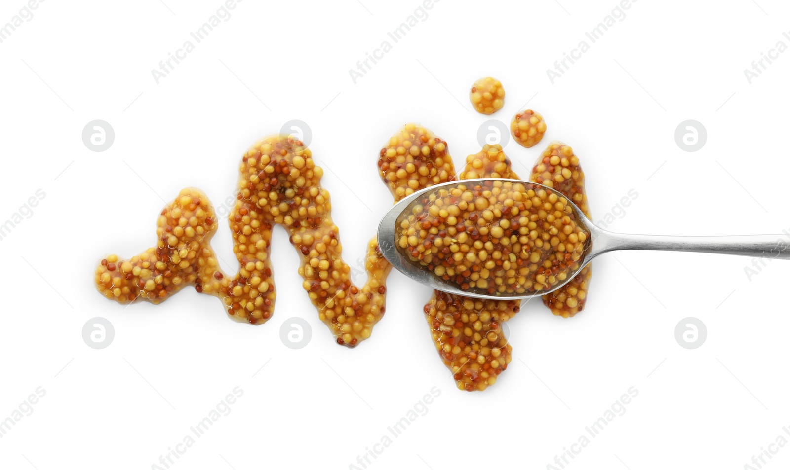 Photo of Fresh whole grain mustard and spoon isolated on white, top view