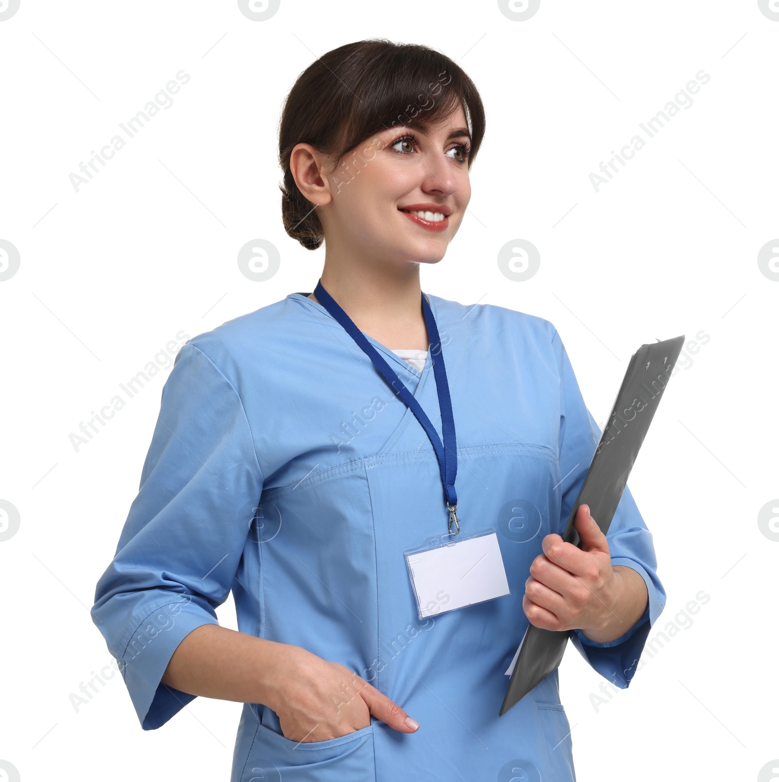 Photo of Portrait of smiling medical assistant with clipboard on white background