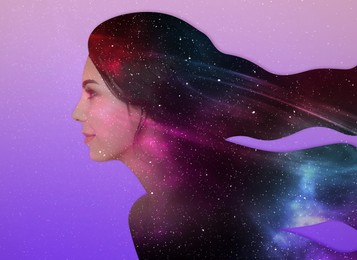 Double exposure of beautiful woman and starry sky on lilac background. Astrology concept