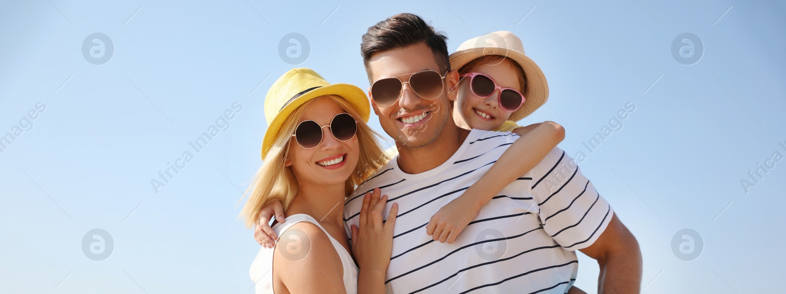 Image of Happy family spending time together outdoors. Banner design