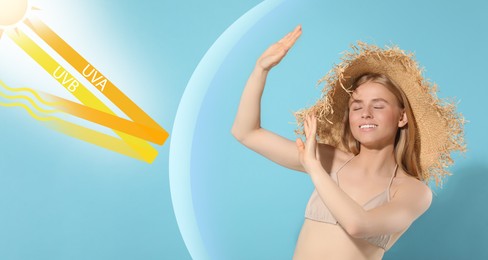 Image of Sun protection product (sunscreen) as barrier against UVA and UVB, banner design. Beautiful young woman in straw hat shading herself with hand on light blue background