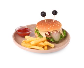 Photo of Cute monster burger served with french fries and ketchup isolated on white. Halloween party food