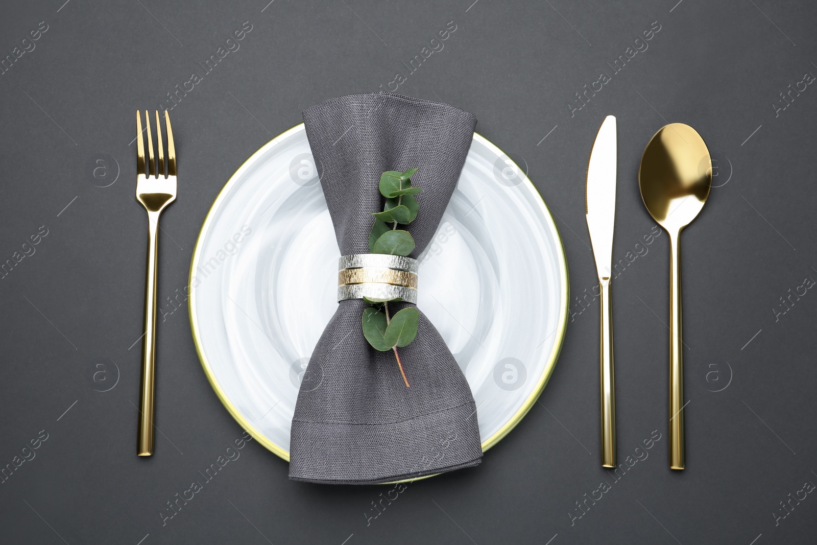 Photo of Elegant table setting on black background, flat lay