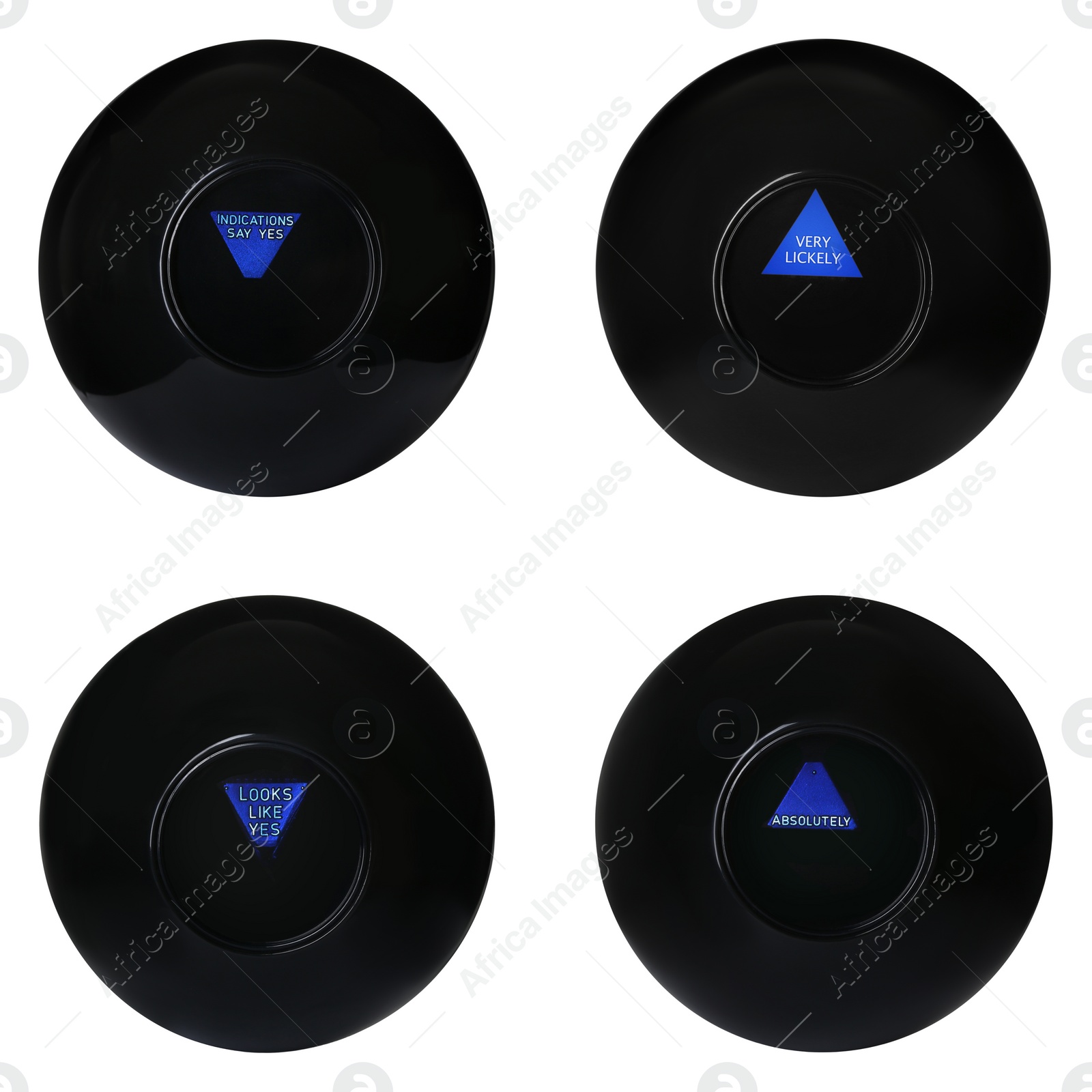 Image of Magic eight ball with different predictions isolated on white, collection