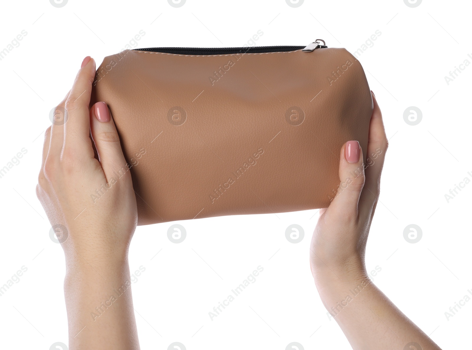 Photo of Woman with cosmetic bag isolated on white, closeup