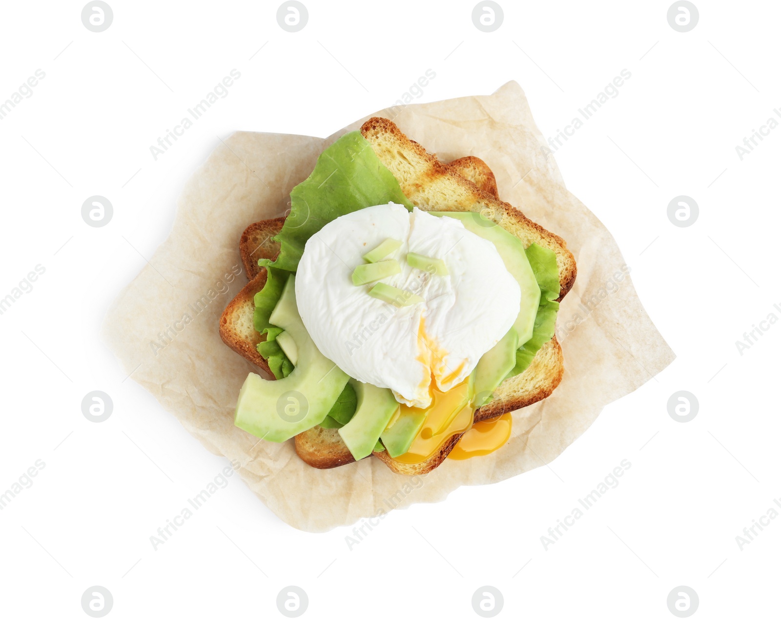 Photo of Delicious poached egg sandwich isolated on white, top view