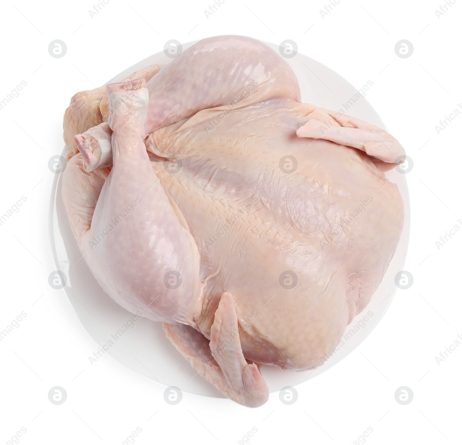 Photo of One fresh raw chicken isolated on white, top view