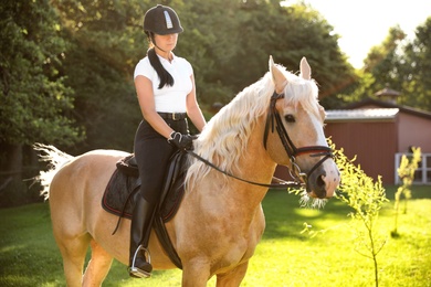 Photo of Young woman in equestrian suit riding horse outdoors on sunny day. Beautiful pet