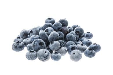 Photo of Heap of tasty frozen blueberries on white background