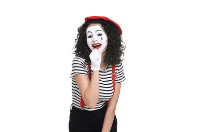 Photo of Funny mine with beret posing on white background