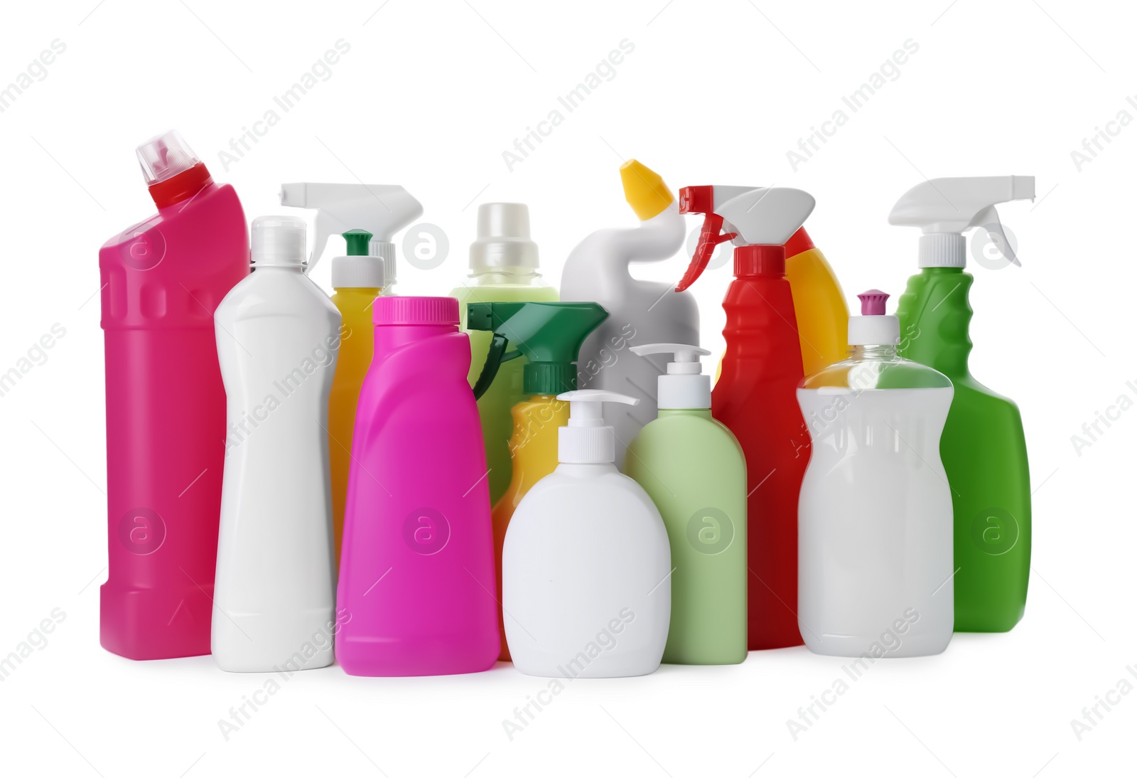 Photo of Set of different cleaning supplies on white background