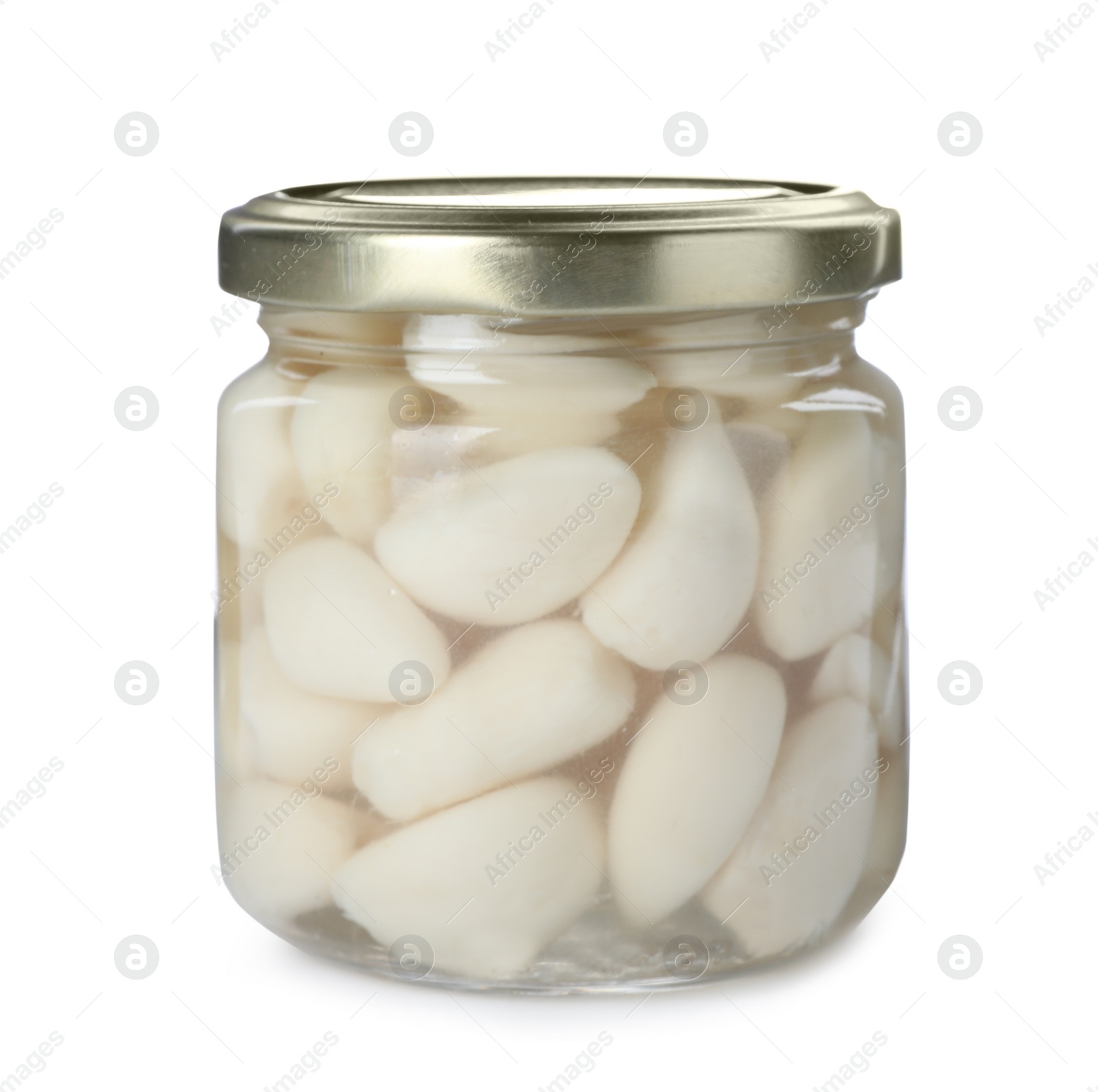 Photo of Glass jar with preserved garlic on white background