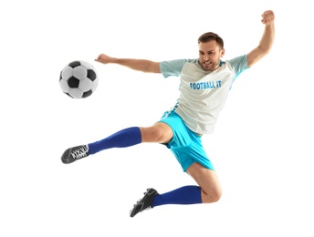 Young man playing football on white background