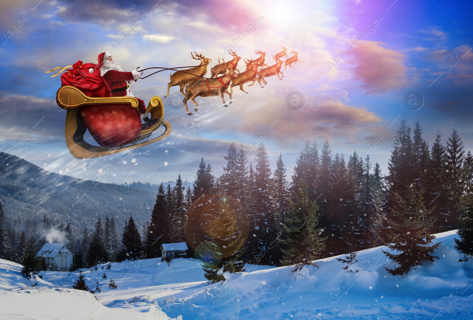 Image of Magic Christmas eve. Santa with reindeers flying in sky