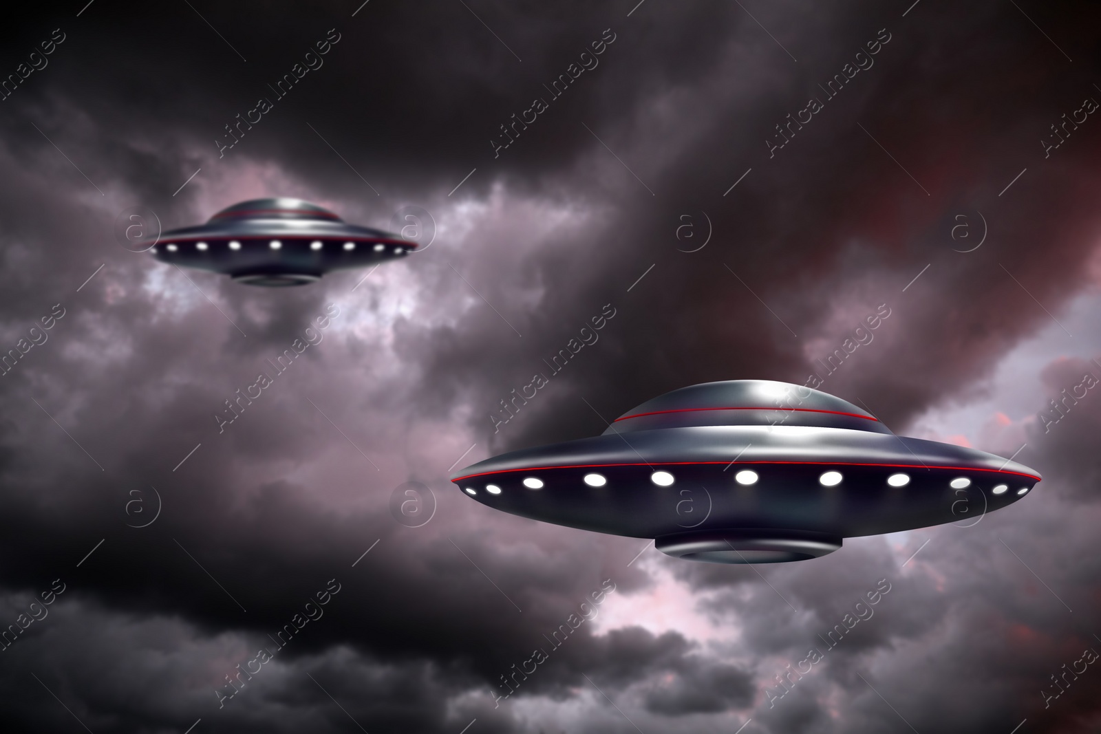 Image of UFO. Alien spaceships among clouds in sky. Extraterrestrial visitors