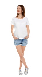 Young woman in t-shirt on white background. Mock up for design