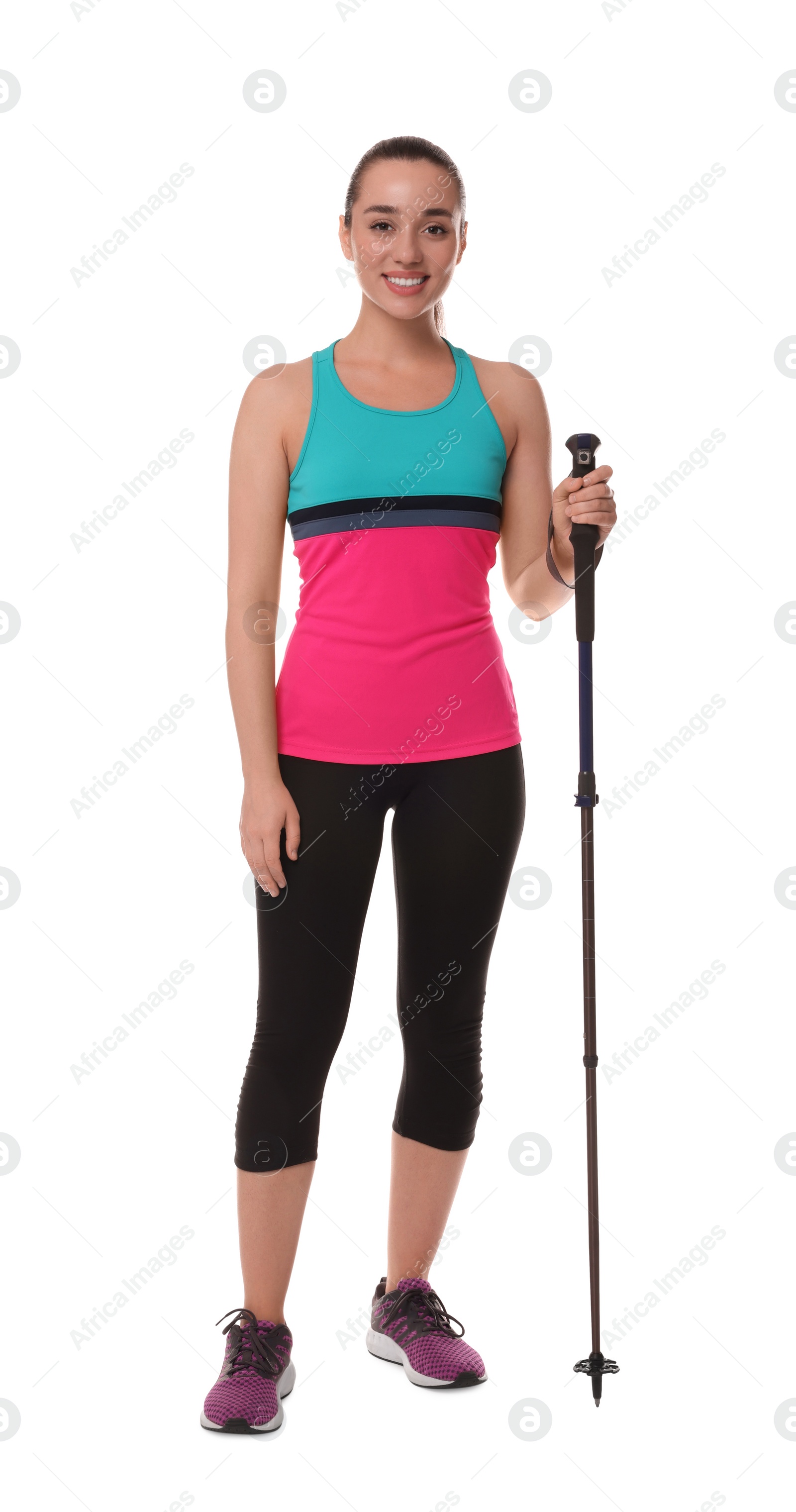 Photo of Woman with pole for Nordic walking isolated on white