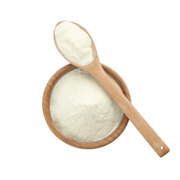 Photo of Wooden bowl and spoon of agar-agar powder on white background, top view