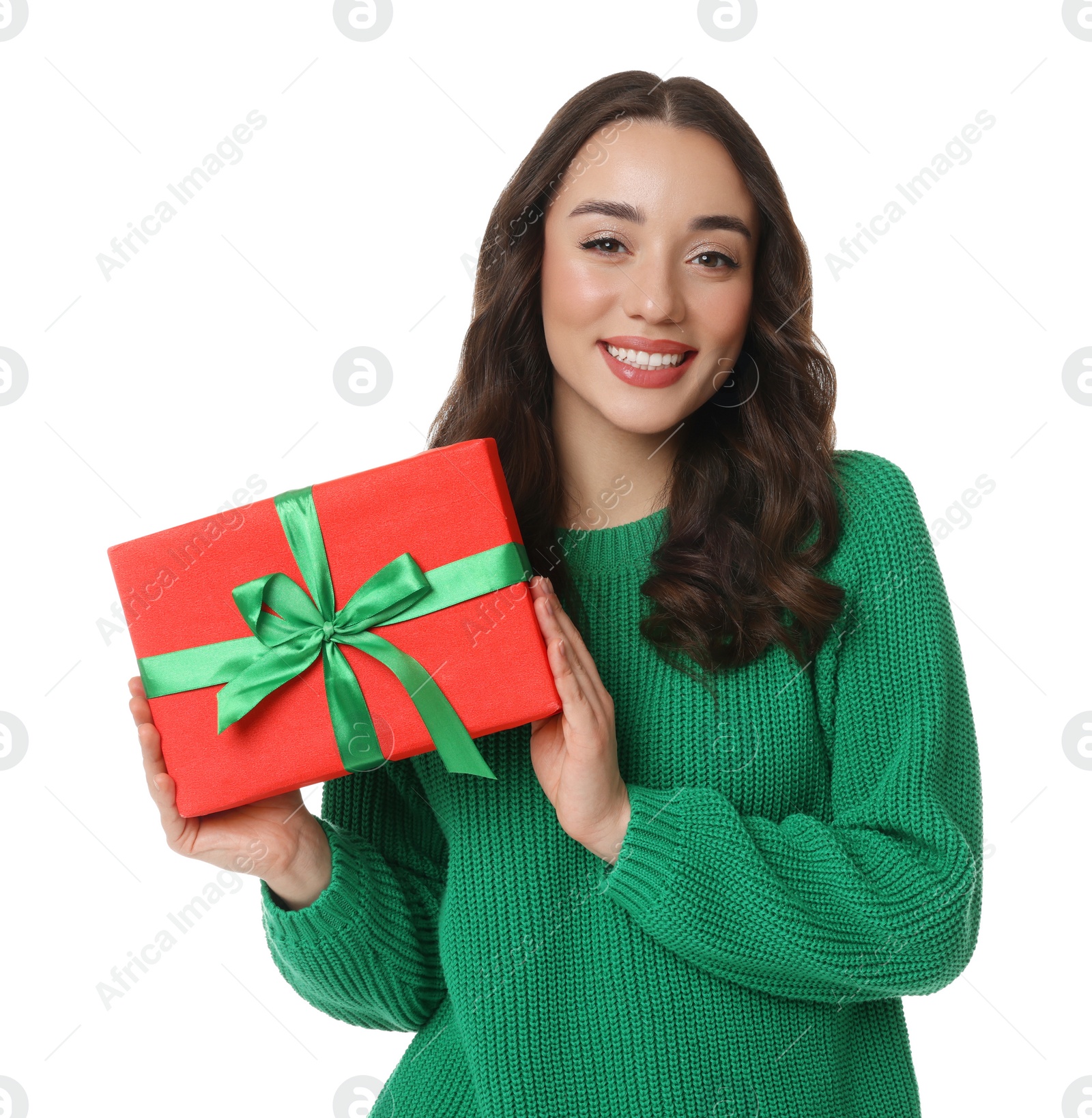 Photo of Beautiful young woman with Christmas gift isolated on white