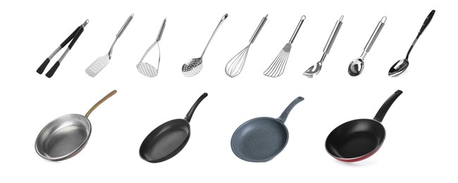 Image of Set with pans and kitchen utensils on white background. Banner design