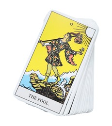 Photo of The Fool and other tarot cards on white background, top view