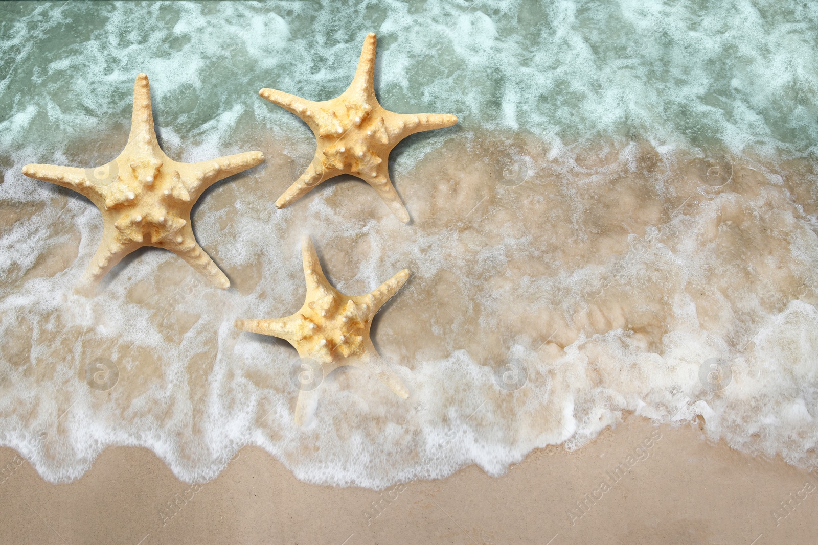 Image of Beautiful waves and sea stars on sandy beach, top view