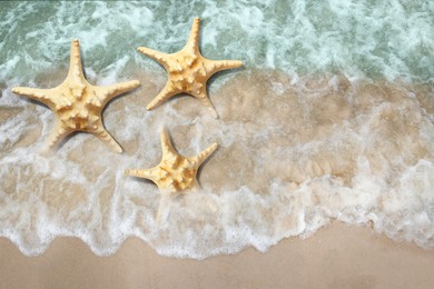 Image of Beautiful waves and sea stars on sandy beach, top view