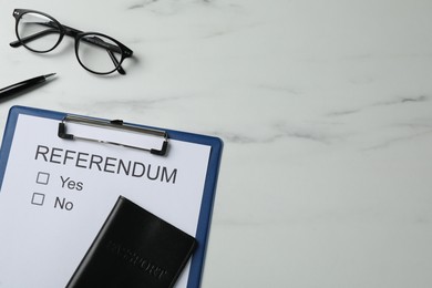 Photo of Flat lay composition with referendum ballot on white marble table. Space for text