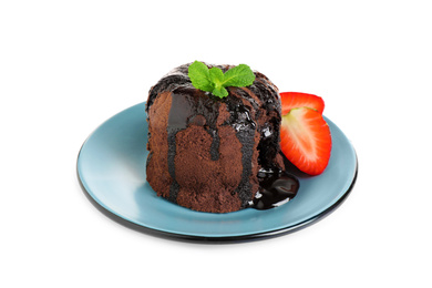 Photo of Delicious warm chocolate lava cake with mint and strawberries isolated on white