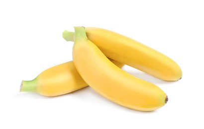 Tasty ripe baby bananas on white background