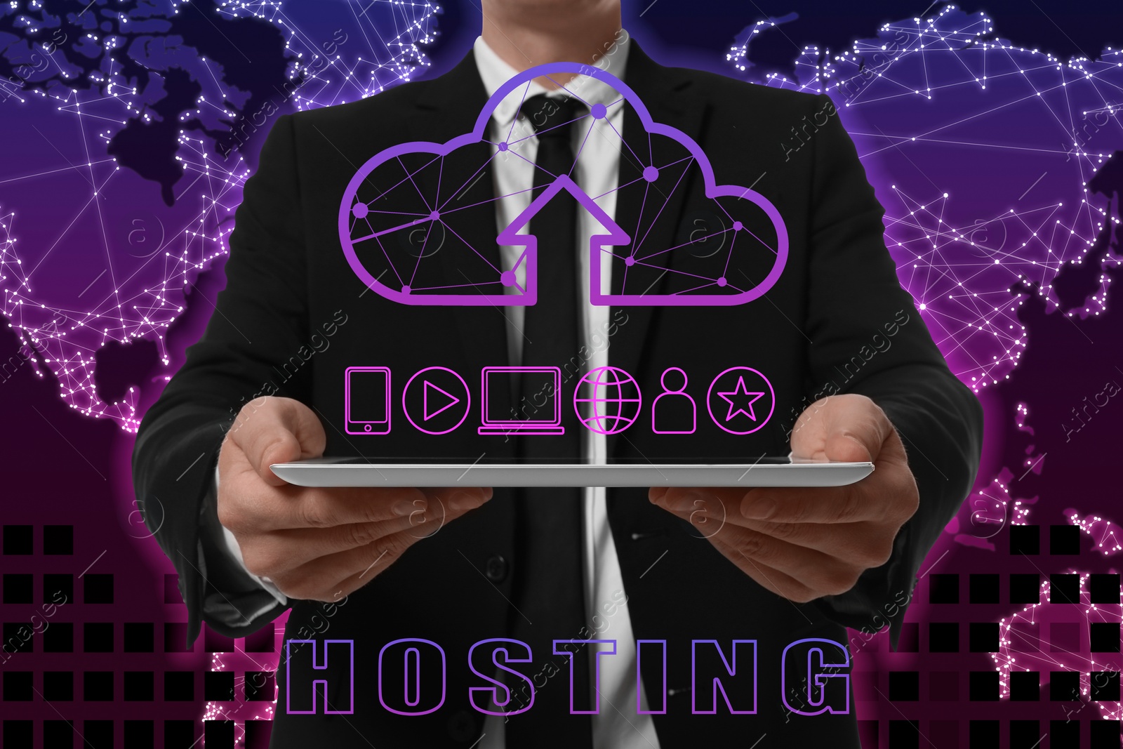 Image of Web hosting. Man holding tablet against world map, closeup. Digital cloud with arrow and icons over gadget