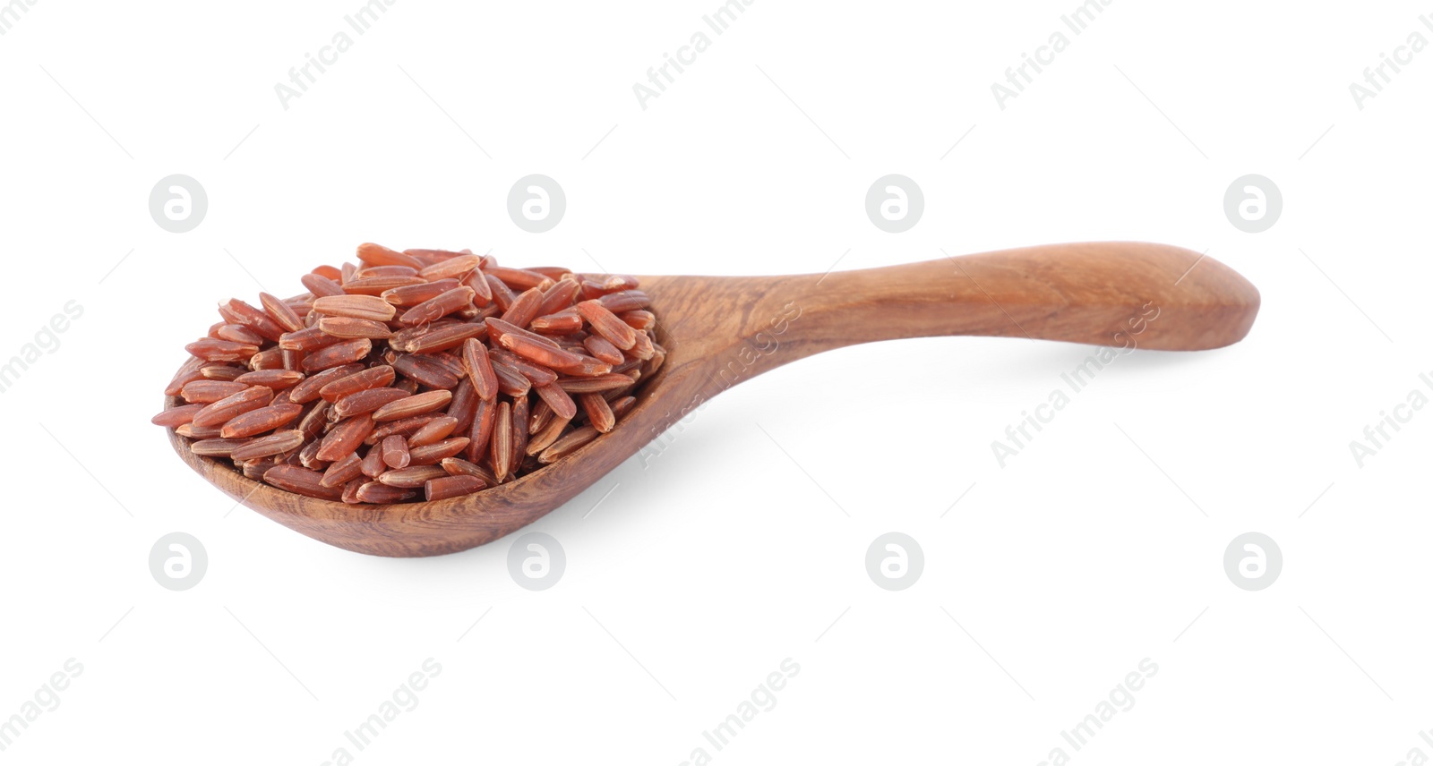 Photo of Spoon with raw red rice isolated on white