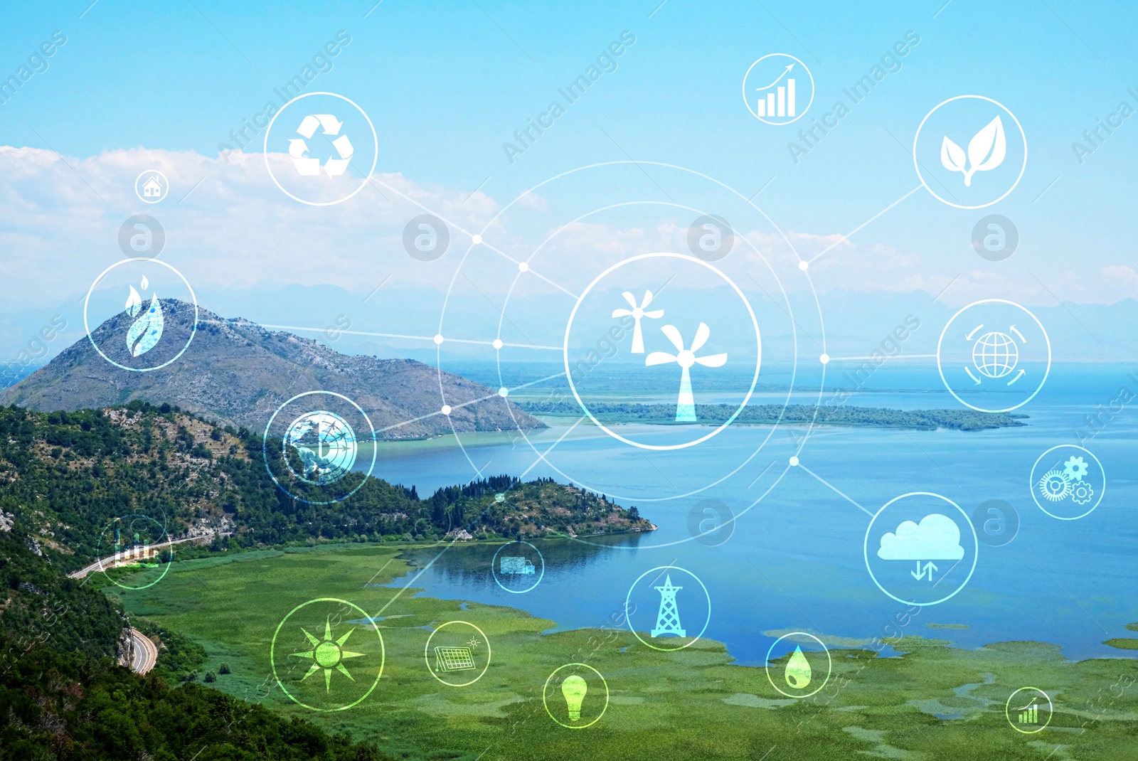 Image of Digital eco icons and beautiful cove on sunny day