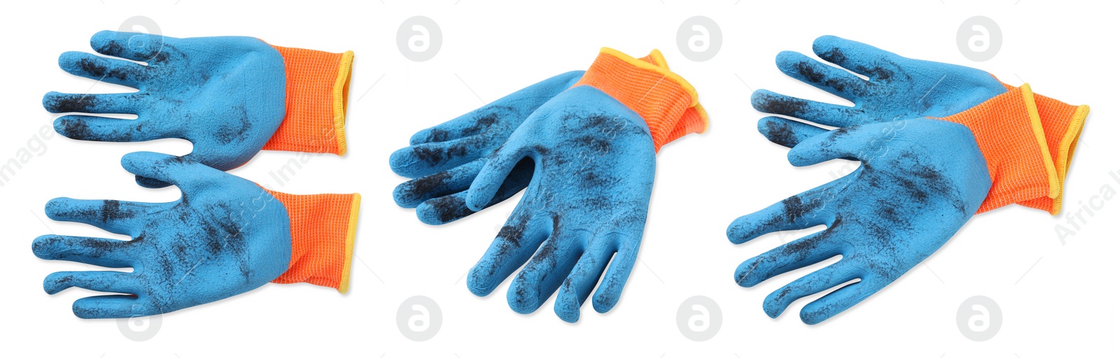 Image of Dirty gardening gloves isolated on white, views from different angles