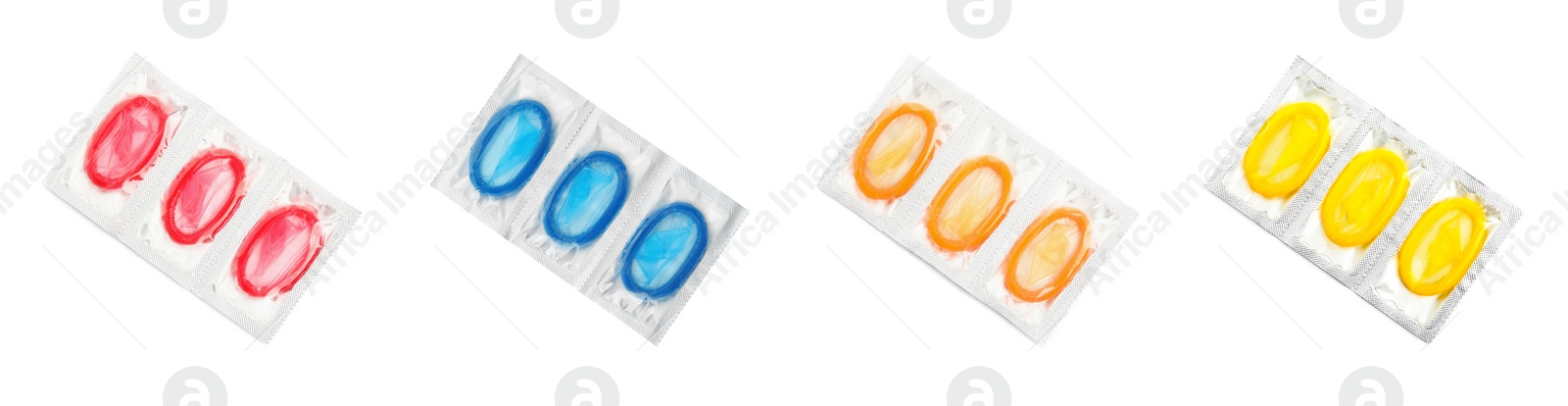 Image of Set with condoms in packages on white background, top view. Banner design