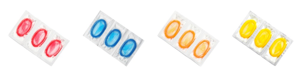 Image of Set with condoms in packages on white background, top view. Banner design