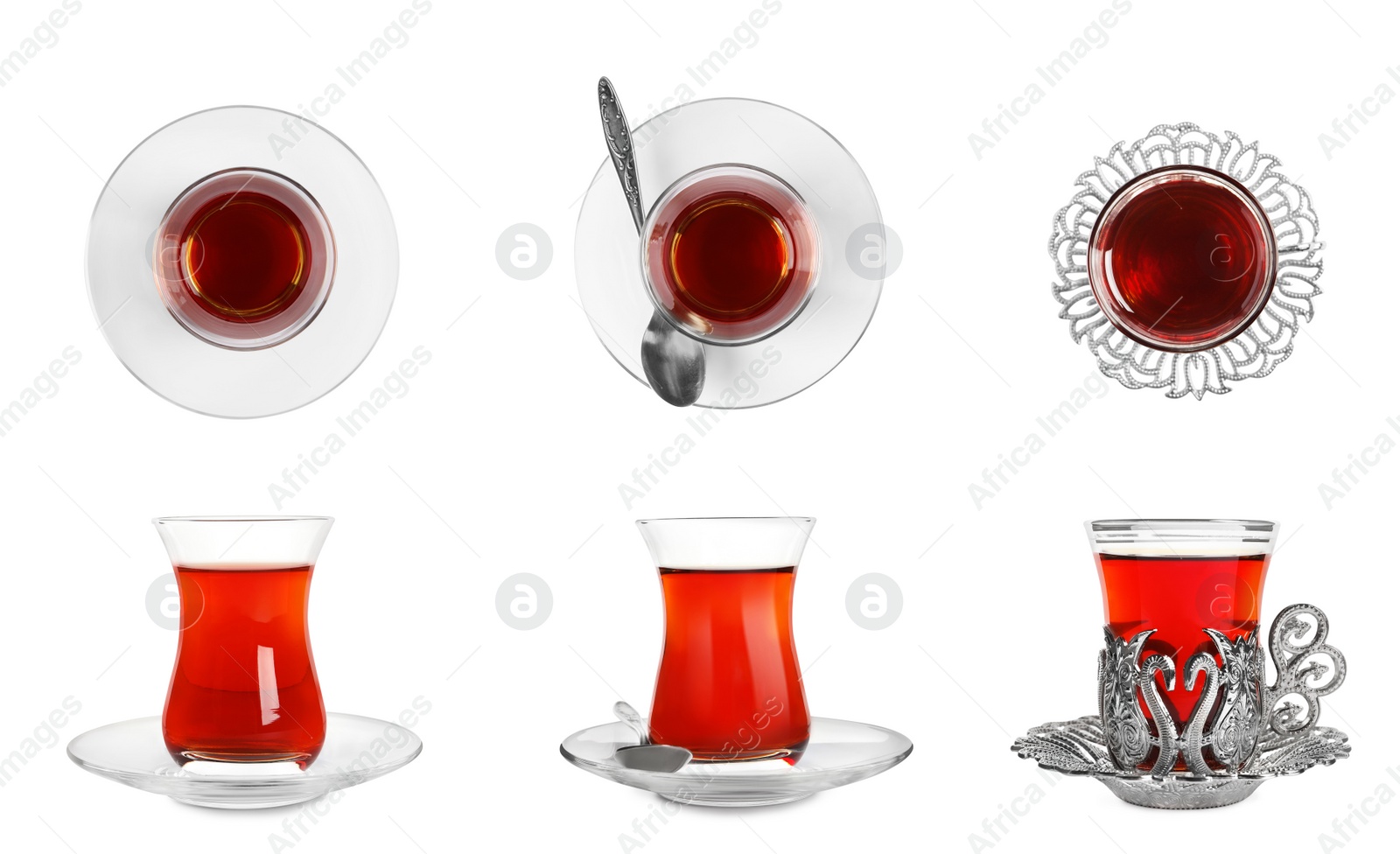 Image of Set with glasses of traditional Turkish tea on white background. Banner design. Banner design